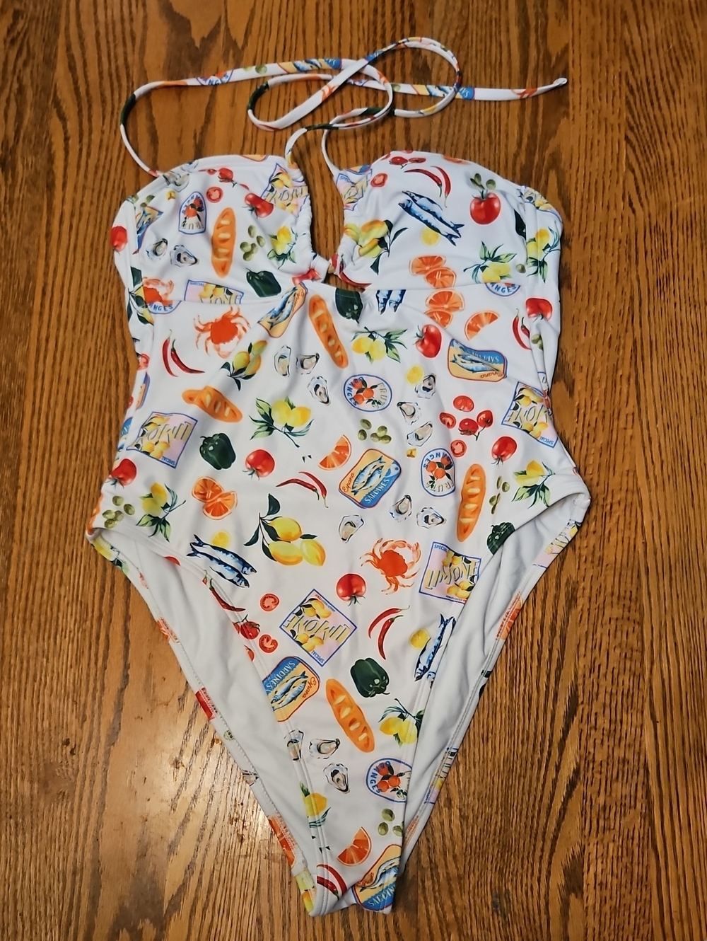 No Boundaries White One-Piece Swimsuit with Multicolor Fruit & Seafood Print